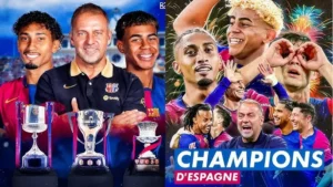 Joueurs du FC Barcelone célébrant le titre de champion d’Espagne 2025 – regardez sport en direct avec un abonnement IPTV France.