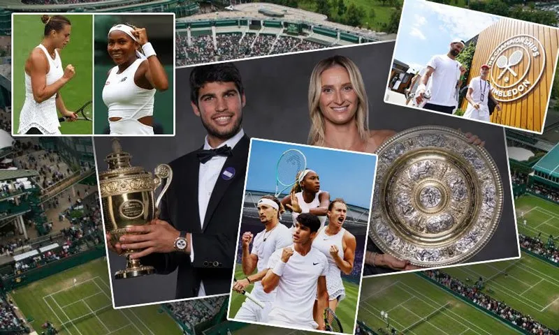 montage Wimbledon 2025 avec Carlos Alcaraz, championne 2024 et vue du stade