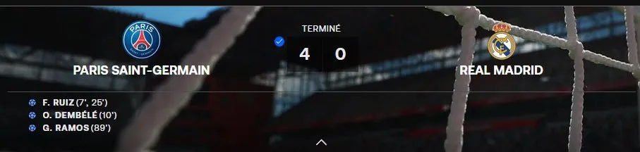 Tableau des résultats PSG 4-0 Real Madrid avec les buteurs Fabian Ruiz, Mbappé, Vitinha et Dembélé – Coupe du Monde des Clubs 2025